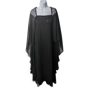 Vintage 90's Ever Beauty Black Maxi Dress Empire Top Sheer Over Cape Embroidery